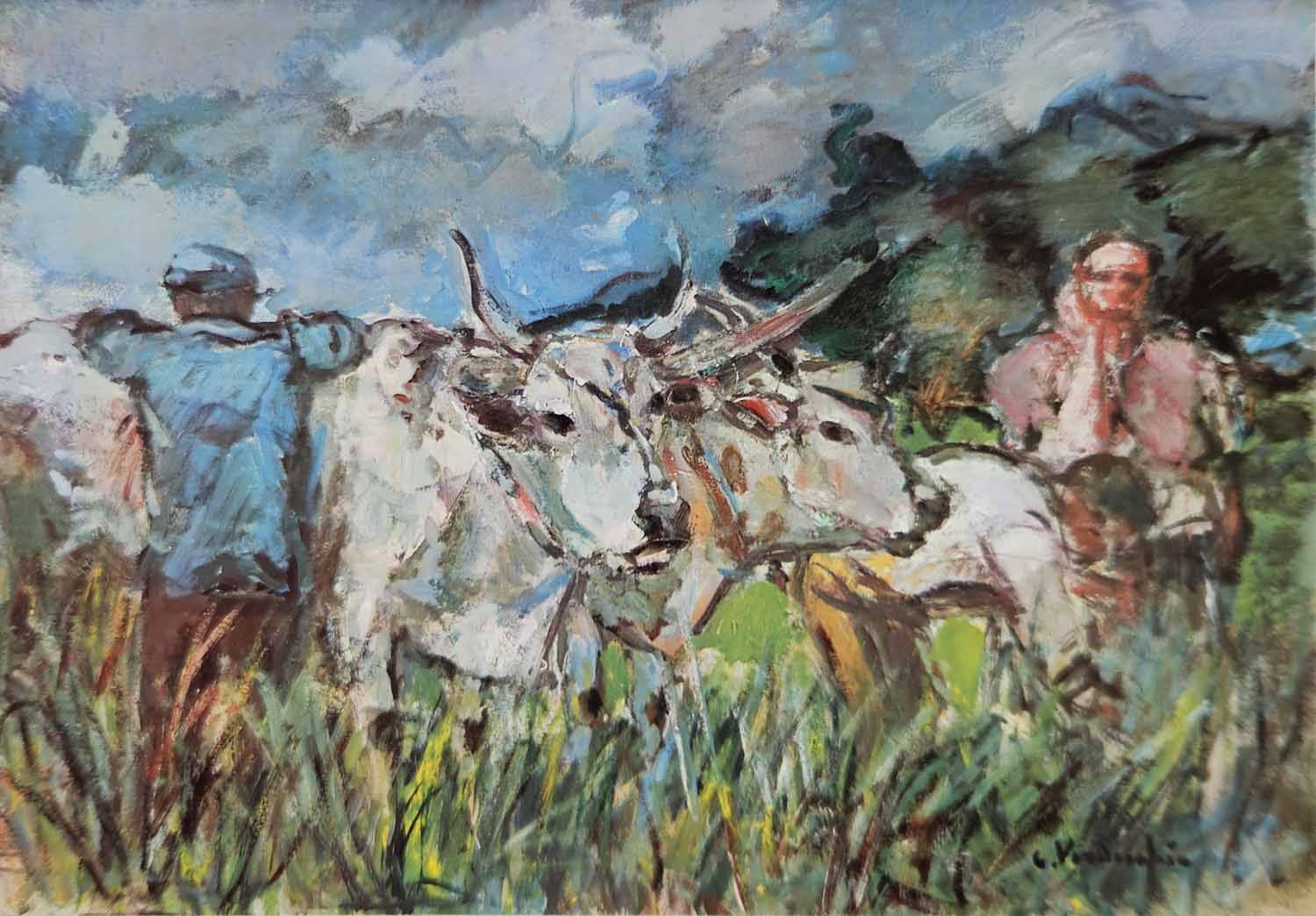 Buoi e contadini sul campo