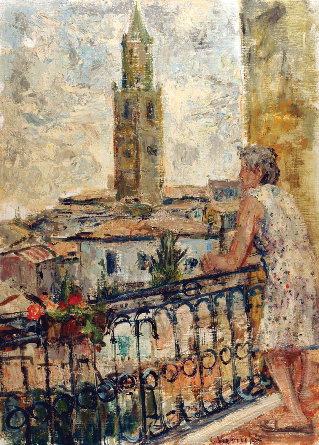 Maria al balcone con panorama di Atri sullo sfondo
